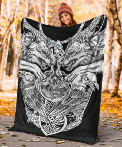 Viking Sherpa Fleece Blanket Gifts for Viking Lovers Othala Rune Wolf And Raven Tattoo Viking Blanket