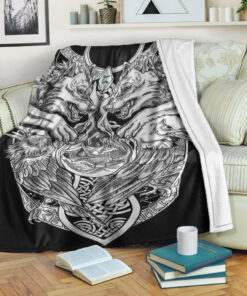 Viking Sherpa Fleece Blanket Gifts for Viking Lovers Perth Rune, Wolf And Raven Tattoo