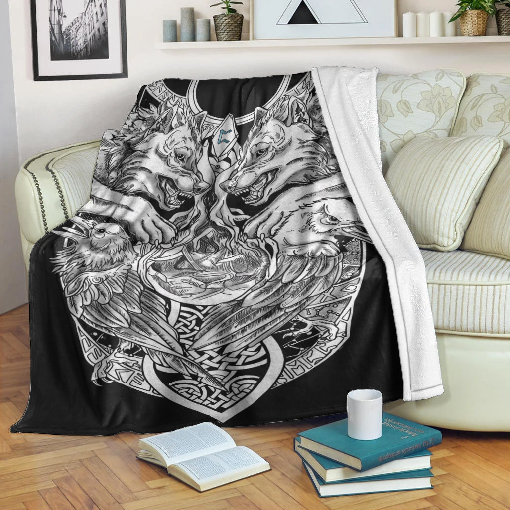 Viking Sherpa Fleece Blanket Gifts for Viking Lovers Perth Rune, Wolf And Raven Tattoo