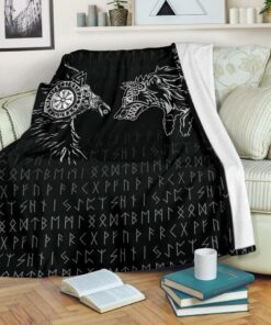 Viking Sherpa Fleece Blanket Gifts for Viking Lovers Raven and Wolf Special Tattoo