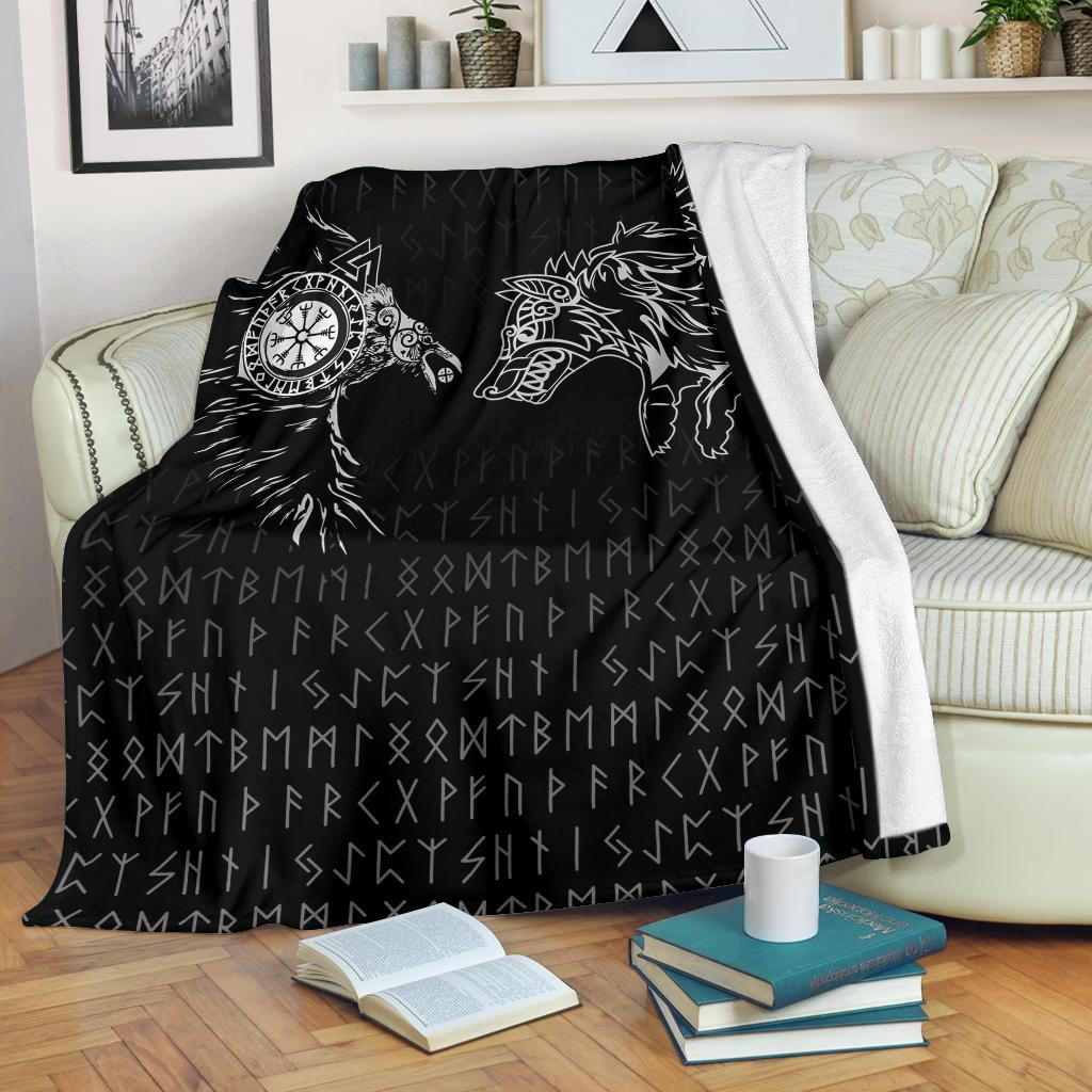 Viking Sherpa Fleece Blanket Gifts for Viking Lovers Raven and Wolf Special Tattoo