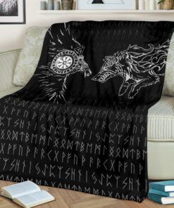 Viking Sherpa Fleece Blanket Gifts for Viking Lovers Raven and Wolf Special Tattoo