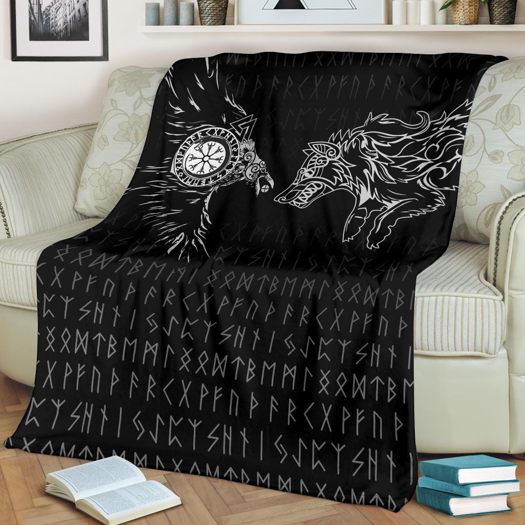 Viking Sherpa Fleece Blanket Gifts for Viking Lovers Raven and Wolf Special Tattoo
