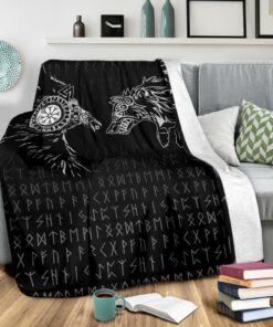 Viking Sherpa Fleece Blanket Gifts for Viking Lovers Raven and Wolf Special Tattoo