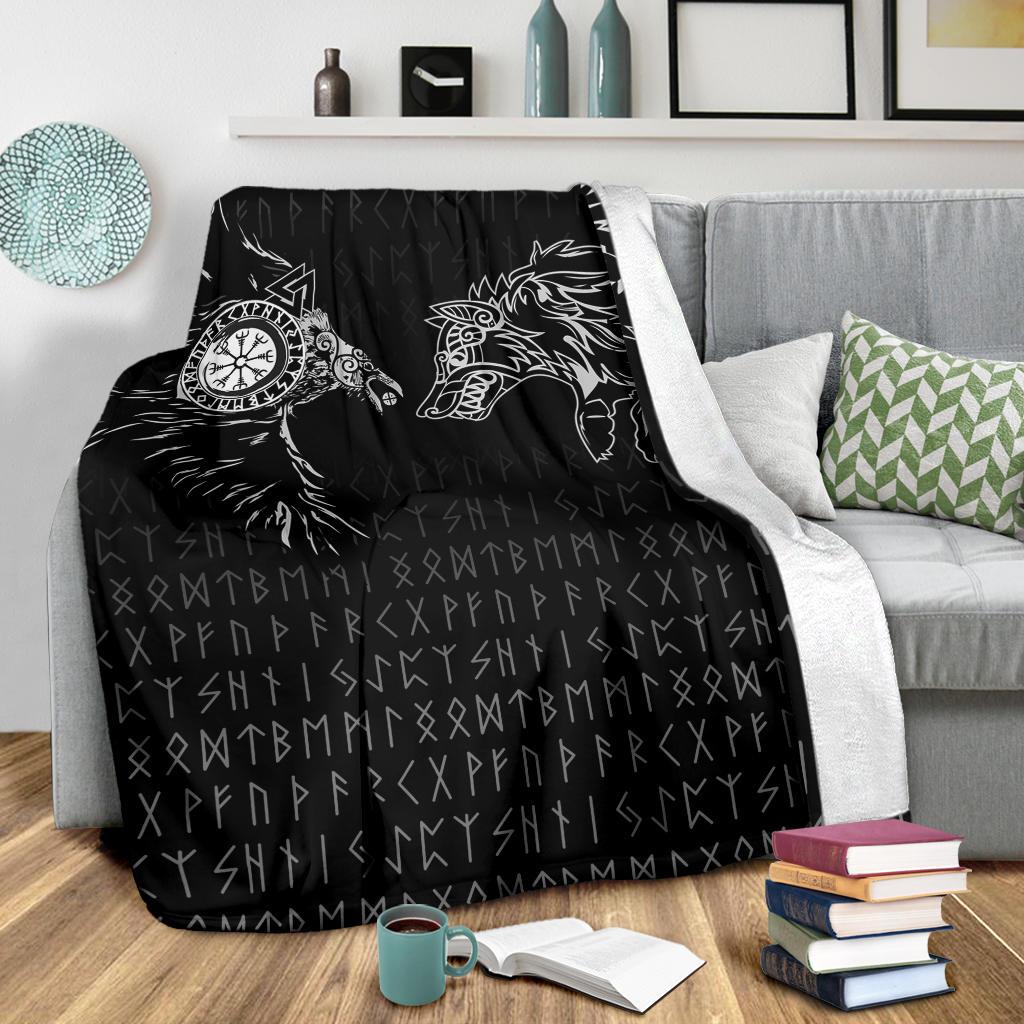Viking Sherpa Fleece Blanket Gifts for Viking Lovers Raven and Wolf Special Tattoo