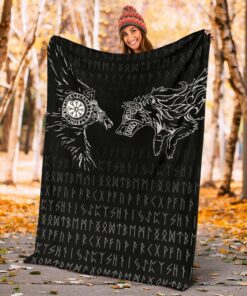 Viking Sherpa Fleece Blanket Gifts for Viking Lovers Raven and Wolf Special Tattoo