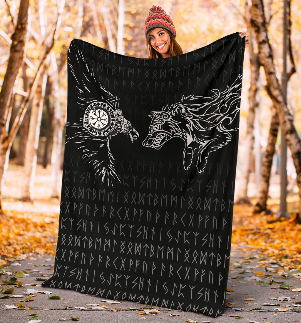 Viking Sherpa Fleece Blanket Gifts for Viking Lovers Raven and Wolf Special Tattoo