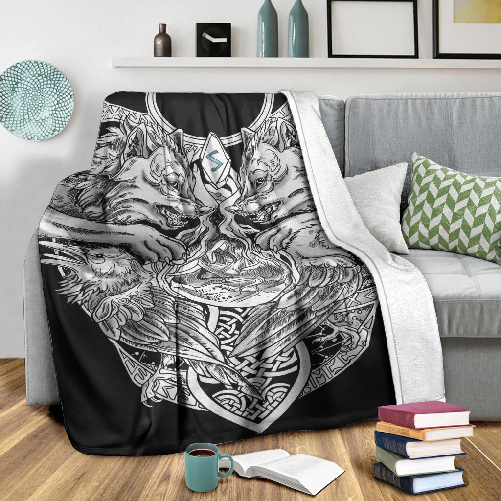 Viking Sherpa Fleece Blanket Gifts for Viking Lovers Sowilo Rune, Wolf And Raven Tattoo