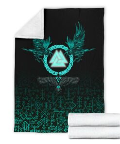 Viking Sherpa Fleece Blanket Gifts for Viking Lovers Three Raven and Valknut Cyan