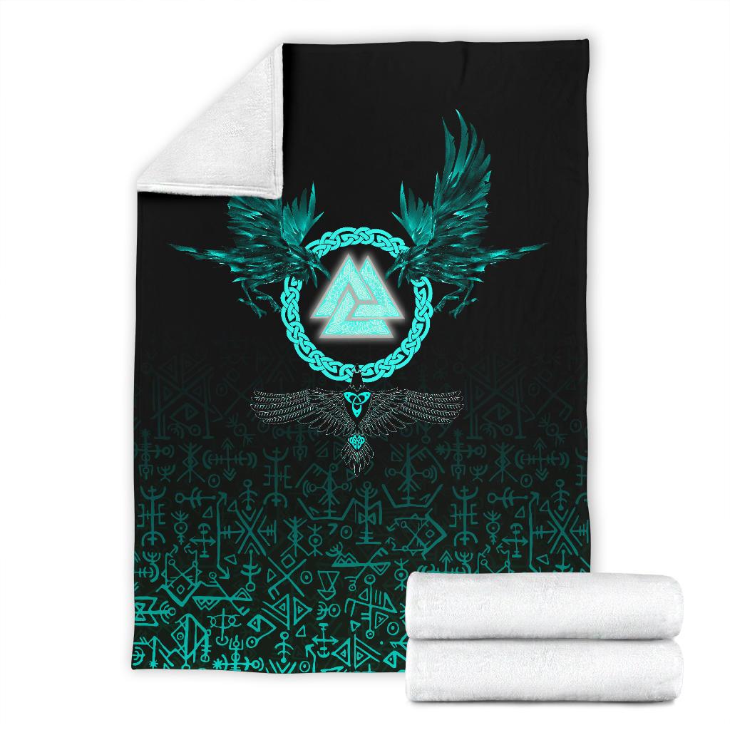 Viking Sherpa Fleece Blanket Gifts for Viking Lovers Three Raven and Valknut Cyan