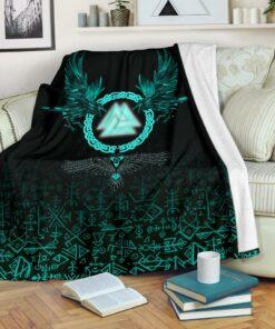 Viking Sherpa Fleece Blanket Gifts for Viking Lovers Three Raven and Valknut Cyan