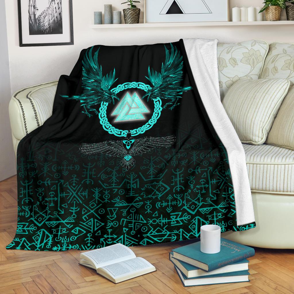 Viking Sherpa Fleece Blanket Gifts for Viking Lovers Three Raven and Valknut Cyan