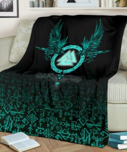 Viking Sherpa Fleece Blanket Gifts for Viking Lovers Three Raven and Valknut Cyan