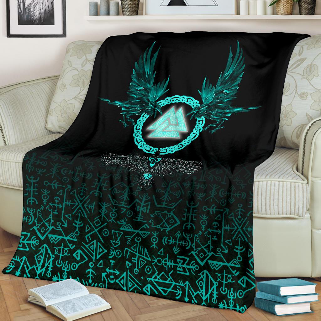 Viking Sherpa Fleece Blanket Gifts for Viking Lovers Three Raven and Valknut Cyan