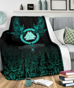 Viking Sherpa Fleece Blanket Gifts for Viking Lovers Three Raven and Valknut Cyan