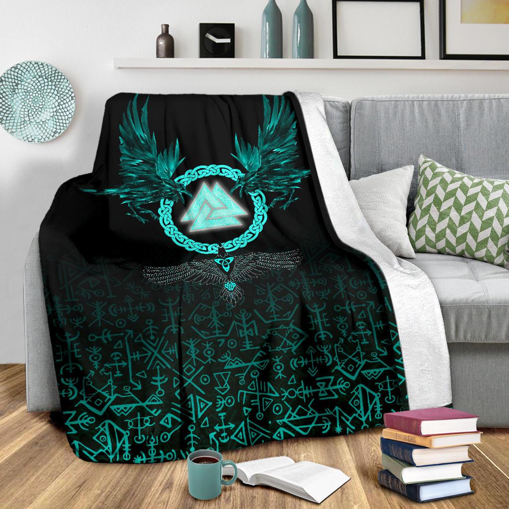 Viking Sherpa Fleece Blanket Gifts for Viking Lovers Three Raven and Valknut Cyan