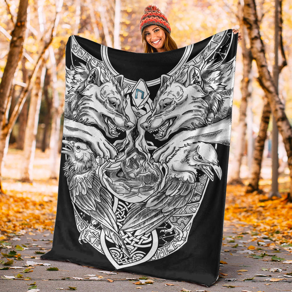Viking Sherpa Fleece Blanket Gifts for Viking Lovers Uruz Rune, Wolf And Raven Tattoo