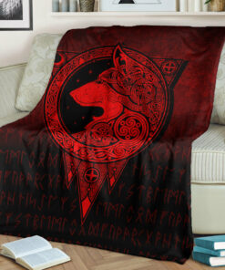 Viking Style Blanket Viking Norse Wolf Red Version Sherpa Fleece Blanket Gifts for Viking Lovers