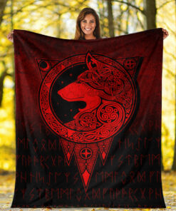Viking Style Blanket Viking Norse Wolf Red Version Sherpa Fleece Blanket Gifts for Viking Lovers