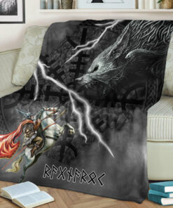 Viking Style Sherpa Fleece Blanket Gifts for Viking Lovers Odin and Fenrir Thunder Background Sherpa Fleece Blanket Gifts for Viking Lovers