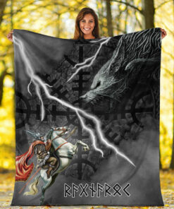 Viking Style Sherpa Fleece Blanket Gifts for Viking Lovers Odin and Fenrir Thunder Background Sherpa Fleece Blanket Gifts for Viking Lovers