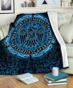 Viking Style Sherpa Fleece Blanket Gifts for Viking Lovers Raven Celtic Cyan