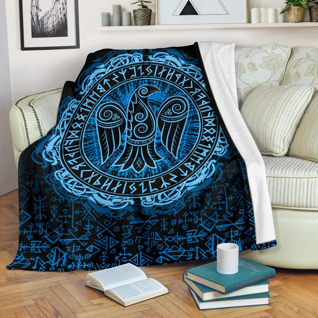 Viking Style Sherpa Fleece Blanket Gifts for Viking Lovers Raven Celtic Cyan