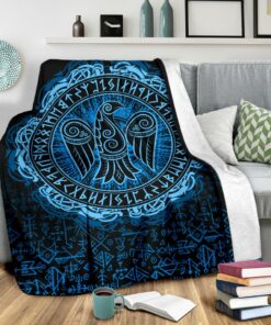 Viking Style Sherpa Fleece Blanket Gifts for Viking Lovers Raven Celtic Cyan