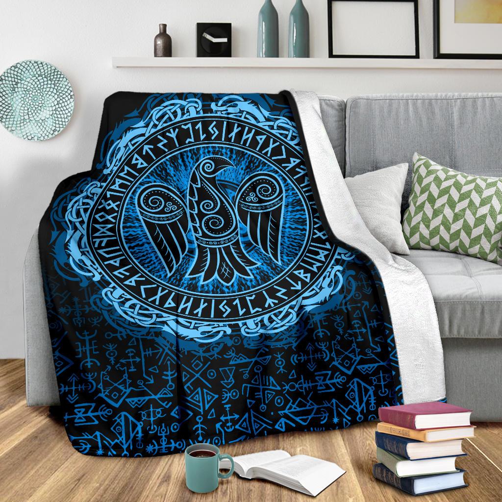 Viking Style Sherpa Fleece Blanket Gifts for Viking Lovers Raven Celtic Cyan