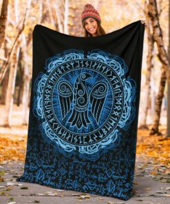 Viking Style Sherpa Fleece Blanket Gifts for Viking Lovers Raven Celtic Cyan