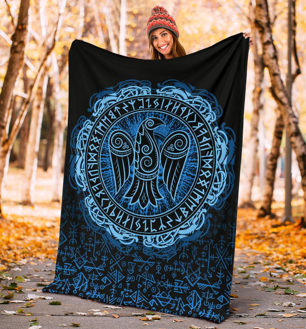 Viking Style Sherpa Fleece Blanket Gifts for Viking Lovers Raven Celtic Cyan
