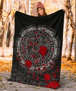 Viking Style Sherpa Fleece Blanket Gifts for Viking Lovers Raven Celtic Tattoo Blood