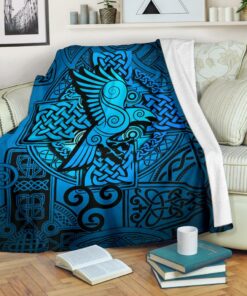 Viking Style Sherpa Fleece Blanket Gifts for Viking Lovers Raven Odin Celtic Cyan