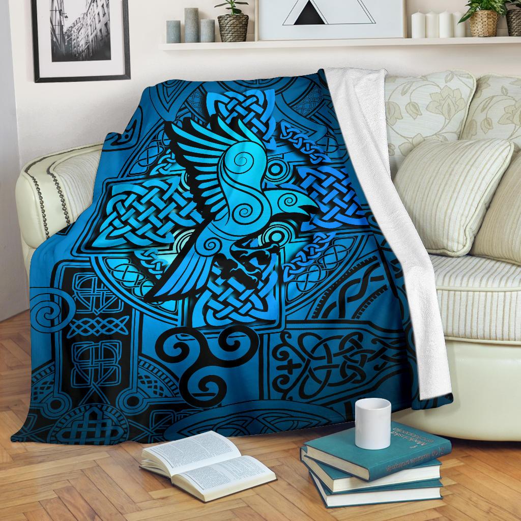 Viking Style Sherpa Fleece Blanket Gifts for Viking Lovers Raven Odin Celtic Cyan