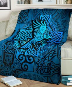 Viking Style Sherpa Fleece Blanket Gifts for Viking Lovers Raven Odin Celtic Cyan