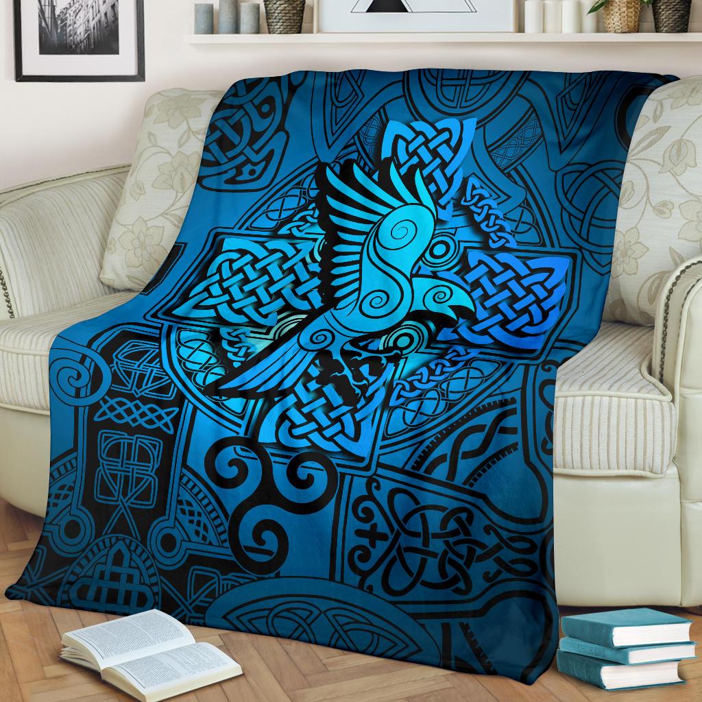 Viking Style Sherpa Fleece Blanket Gifts for Viking Lovers Raven Odin Celtic Cyan