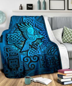 Viking Style Sherpa Fleece Blanket Gifts for Viking Lovers Raven Odin Celtic Cyan