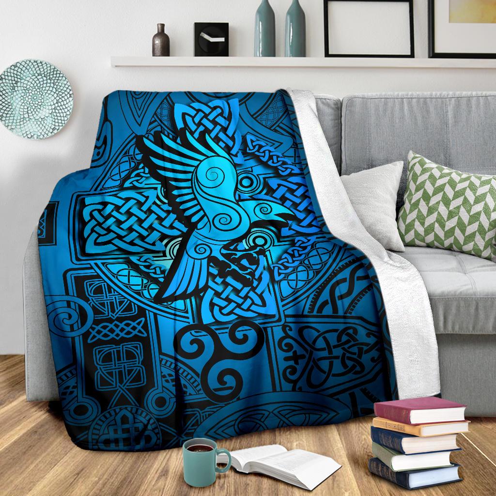 Viking Style Sherpa Fleece Blanket Gifts for Viking Lovers Raven Odin Celtic Cyan
