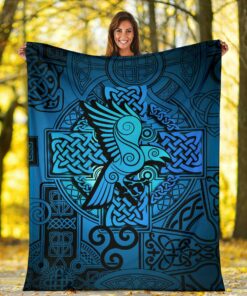 Viking Style Sherpa Fleece Blanket Gifts for Viking Lovers Raven Odin Celtic Cyan