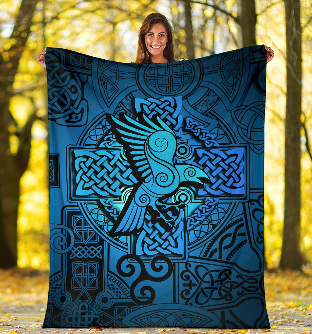 Viking Style Sherpa Fleece Blanket Gifts for Viking Lovers Raven Odin Celtic Cyan