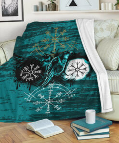 Viking Style Sherpa Fleece Blanket Gifts for Viking Lovers Raven of Odin and Symbol Viking Style Cyan Sherpa Fleece Blanket Gifts for Viking Lovers