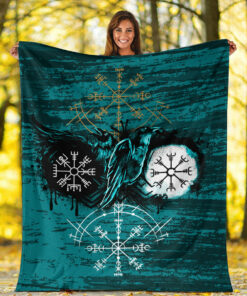 Viking Style Sherpa Fleece Blanket Gifts for Viking Lovers Raven of Odin and Symbol Viking Style Cyan Sherpa Fleece Blanket Gifts for Viking Lovers