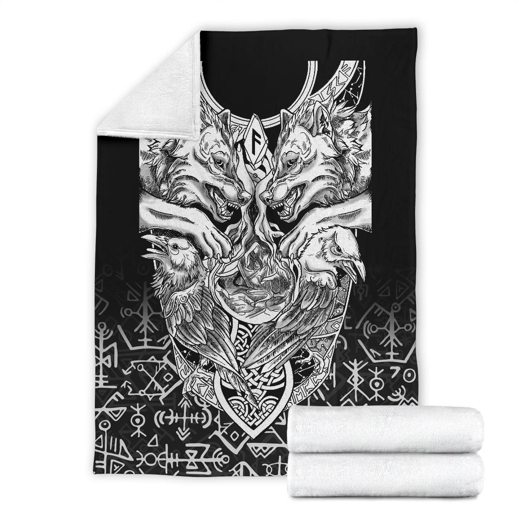 Viking Style Sherpa Fleece Blanket Gifts for Viking Lovers Wolf And Raven Special