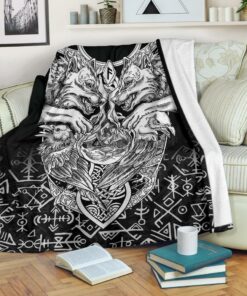 Viking Style Sherpa Fleece Blanket Gifts for Viking Lovers Wolf And Raven Special