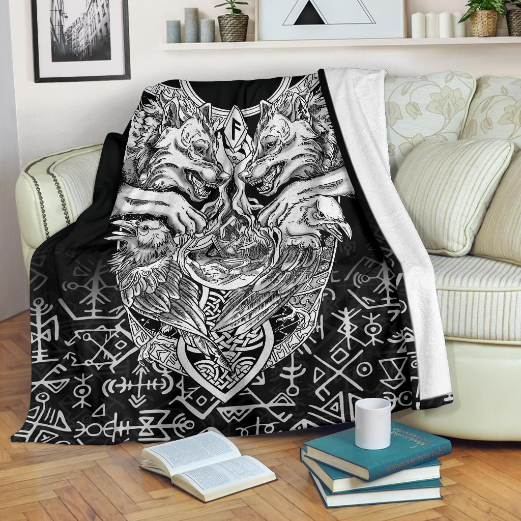 Viking Style Sherpa Fleece Blanket Gifts for Viking Lovers Wolf And Raven Special