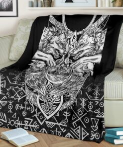 Viking Style Sherpa Fleece Blanket Gifts for Viking Lovers Wolf And Raven Special