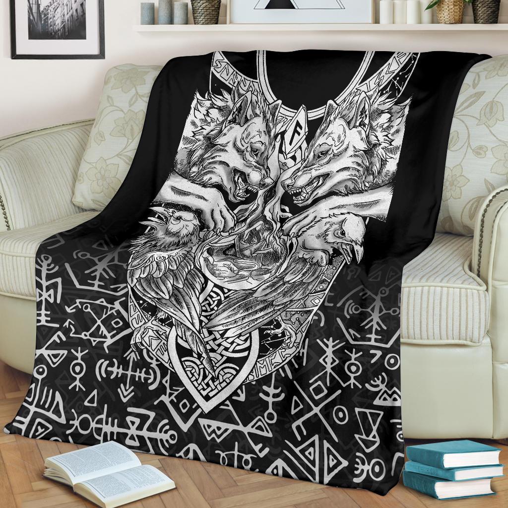 Viking Style Sherpa Fleece Blanket Gifts for Viking Lovers Wolf And Raven Special