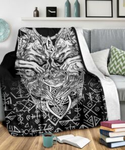 Viking Style Sherpa Fleece Blanket Gifts for Viking Lovers Wolf And Raven Special