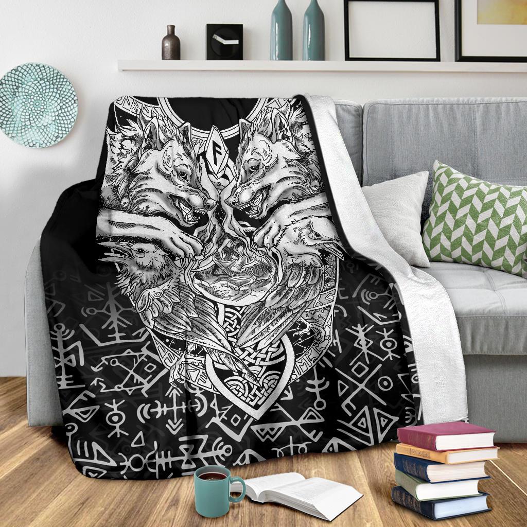 Viking Style Sherpa Fleece Blanket Gifts for Viking Lovers Wolf And Raven Special