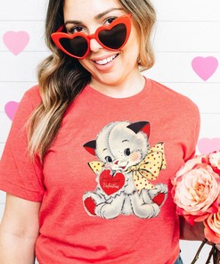 Vintage 1970s Valentines Day Cat Tshirt, Patchwork Kitten Heart Shirt, Retro Kitty Cat Unisex Tee